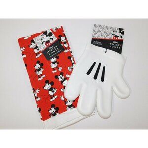Set 2 Disney Mickey Mouse Tea Towels & Silicon Hand Oven Mitt NEW